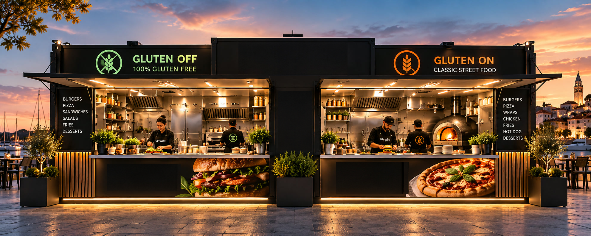 OFF'N'ON dual-kitchen unit at dusk — Gluten Off and Gluten On